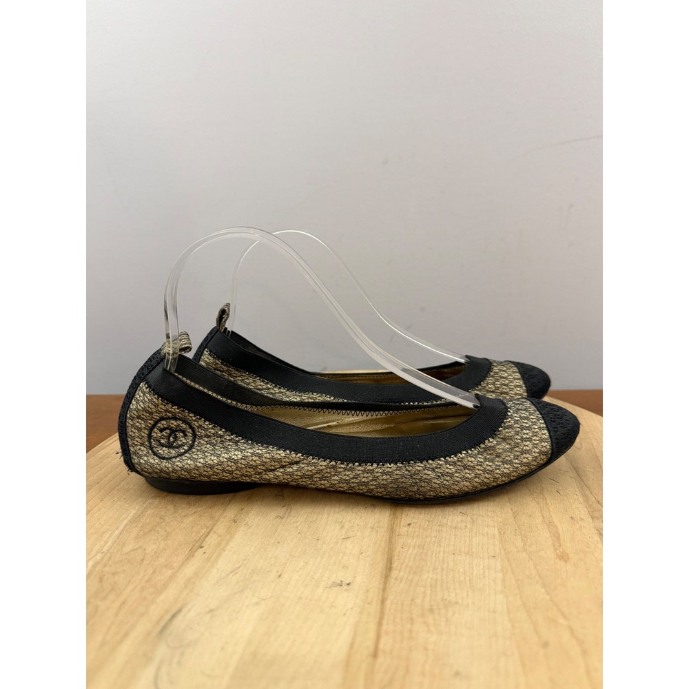 Chanel Quilted Ballet Flats EU 39 US 9 Gold Black Metallic Mesh CC Authentic